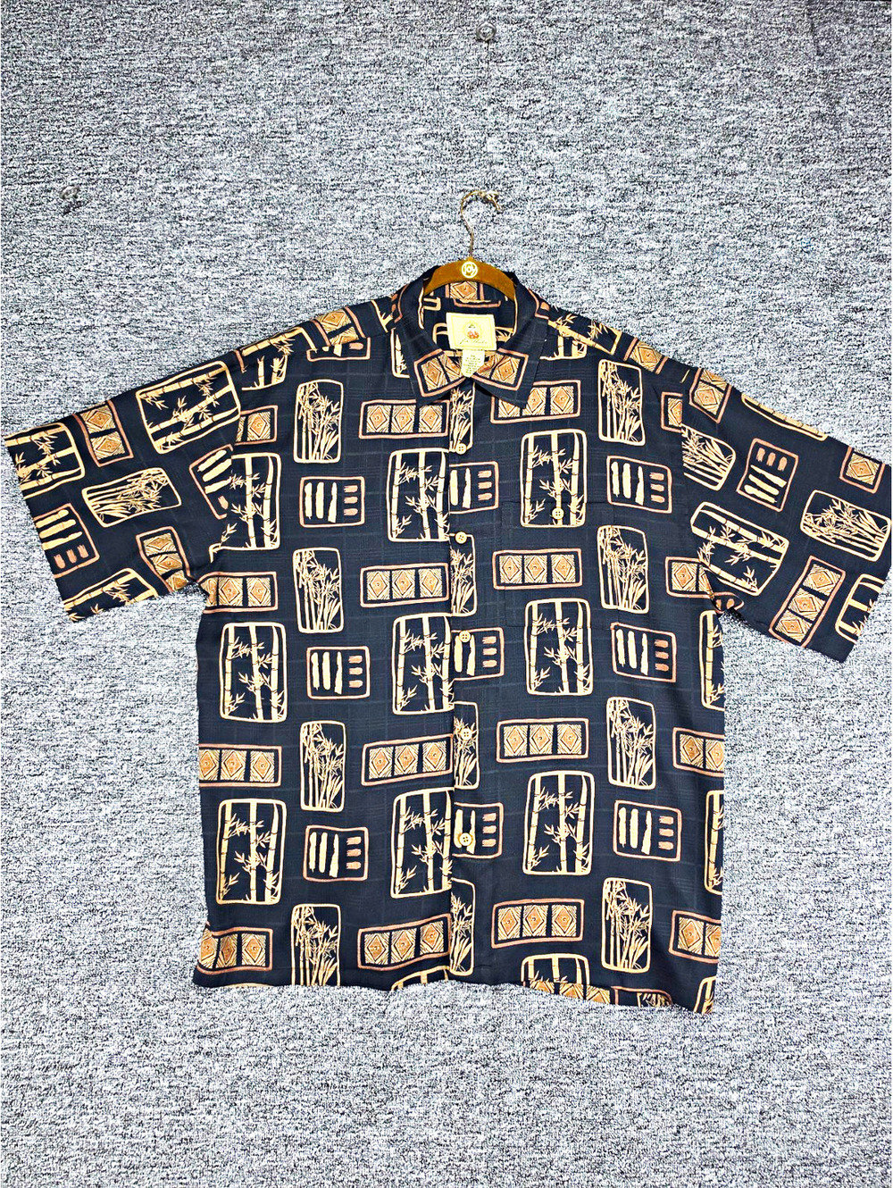 Vtg Joe Marlin Men's XXL Black/Beige Geometric Rayon/Poly Short Sleeve Button-Up